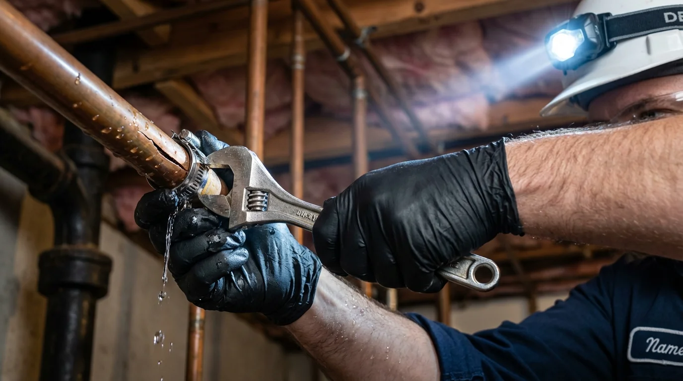 Emergency pipe clamp repair being performed by a Johns Plumbing LLC plumber in Gautier