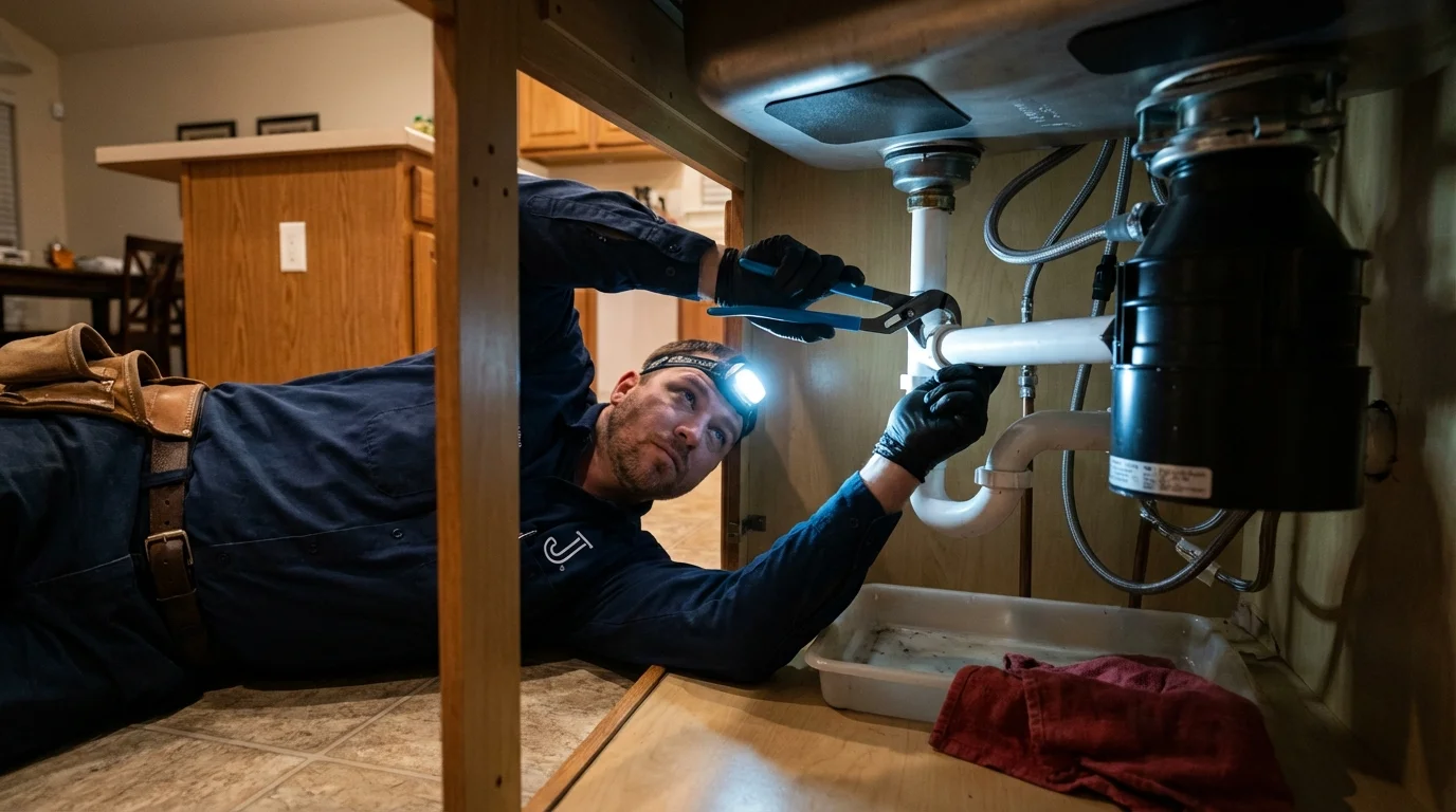 P-trap and supply line connections under a kitchen sink showing a common leak point in Gautier, MS